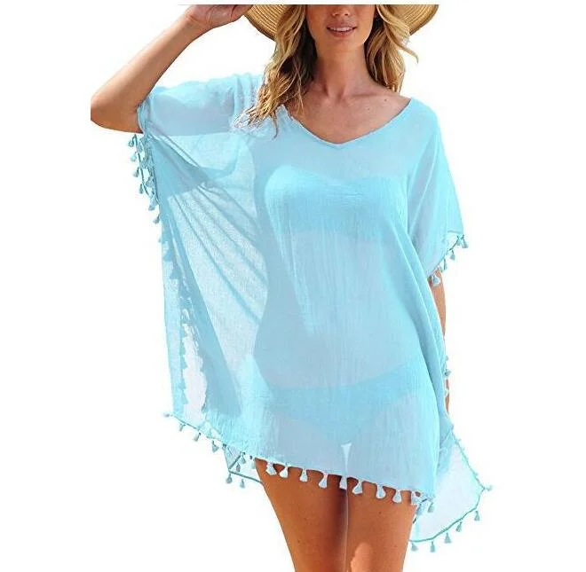 Hot Sale Women Solid Color Chiffon Tassel Ball Beach Blouse