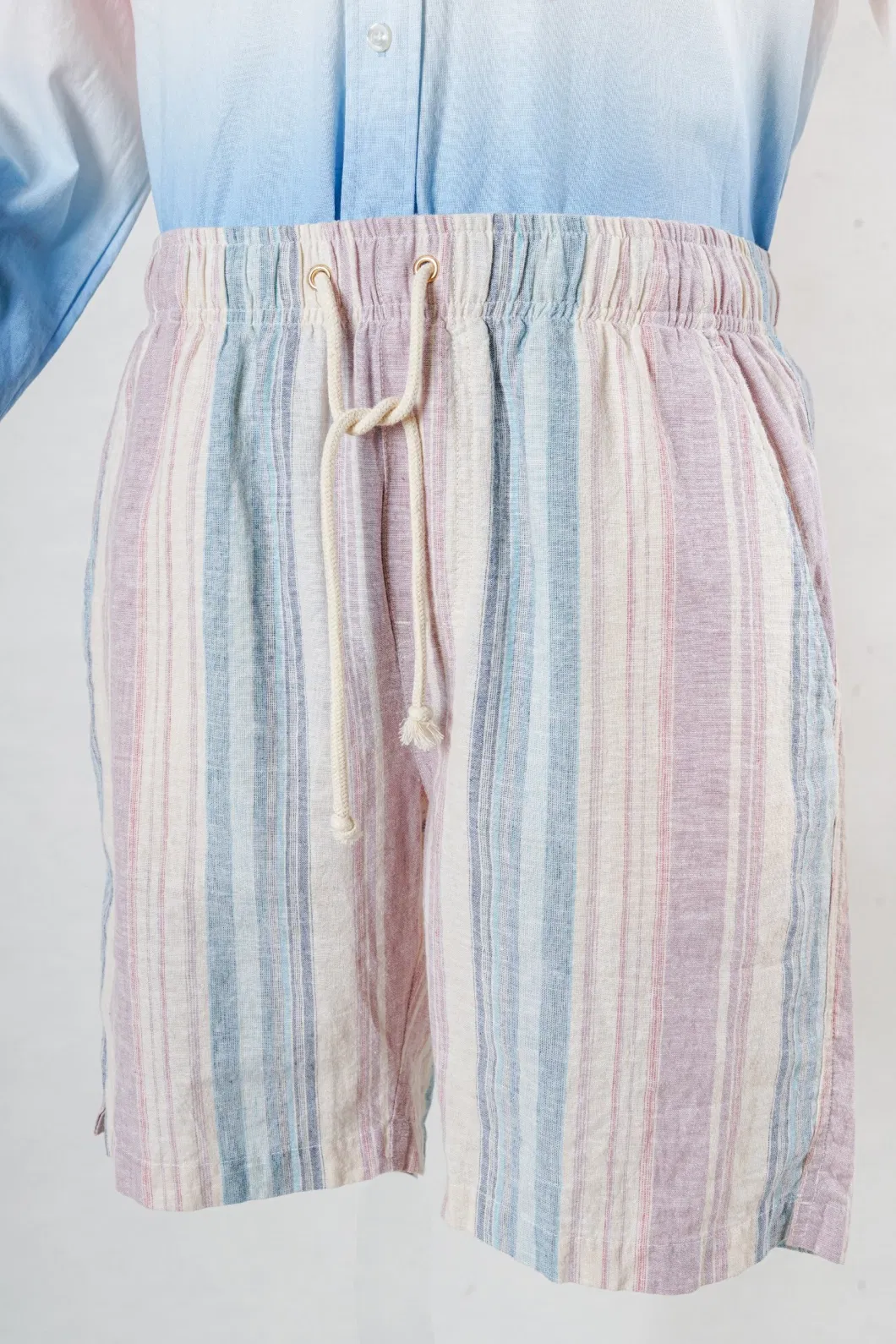 Women Shorts with Elastic Waist in Yarn Dyed Stripe Linen/Viscose, Drawcord String Loop in Waist